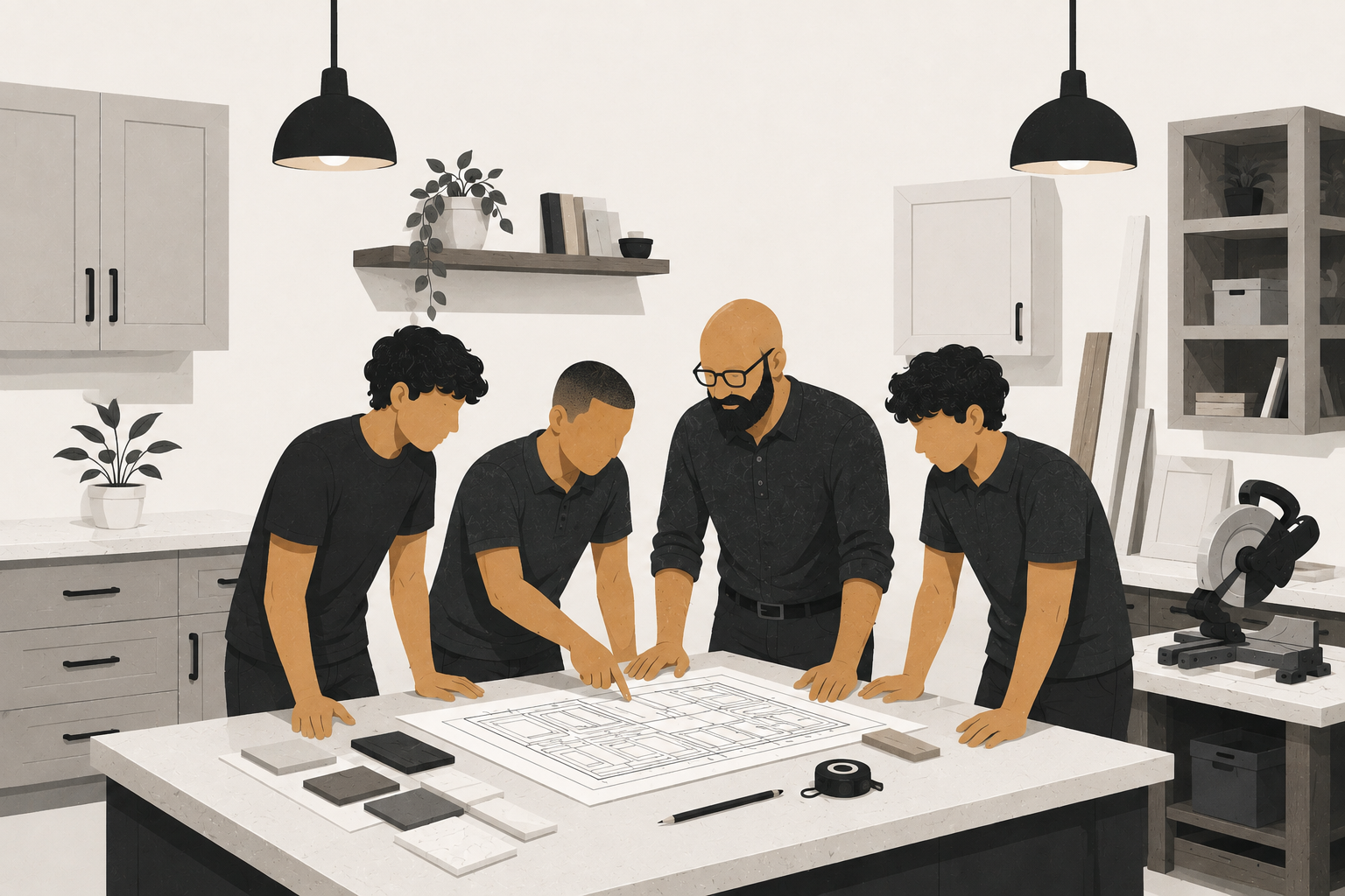 The Resendiz family reviewing custom cabinet plans together