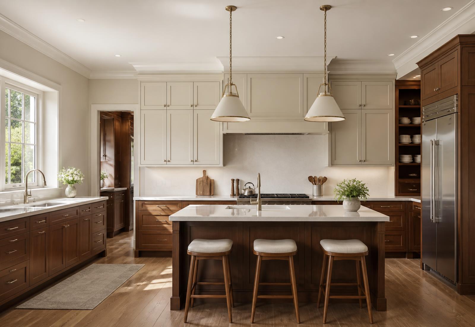 Custom walnut and cream kitchen cabinets with crown moulding
